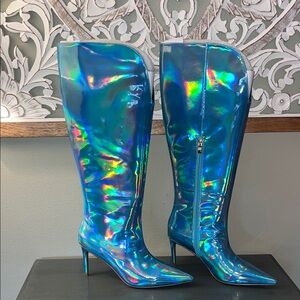 Smash KAY Womens Vegan Leather Holographic Cushioned Footbed Knee-High Boots NIB